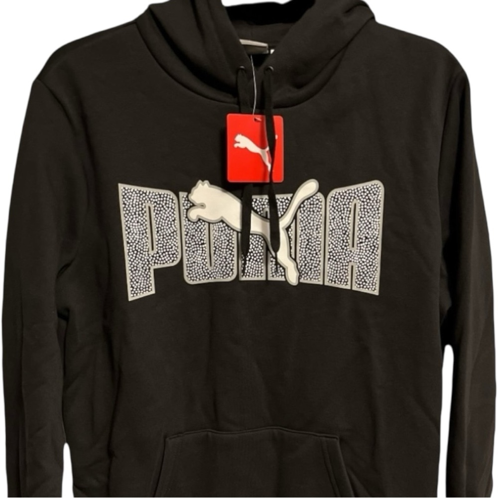 Puma Hoodie SM Mens Puma Sweatshirt Fleece Black w/ WHITE Big Logo SMALL NEW NWT